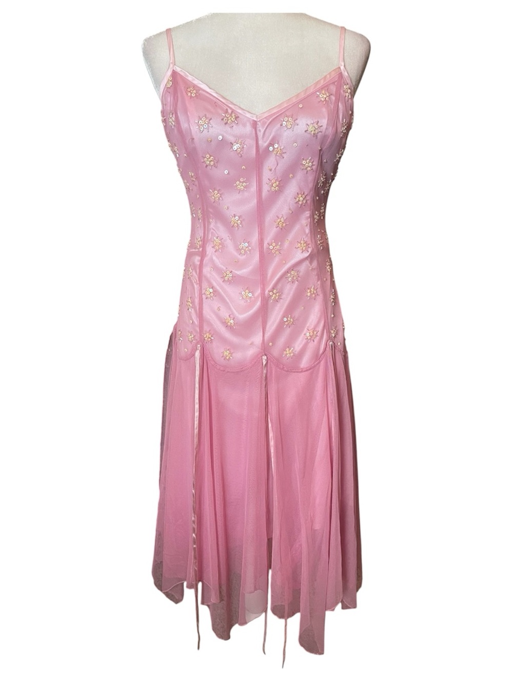 Vintage 90s Betsey Johnson Pink Sequin Mesh Midi Dress coquette size 8